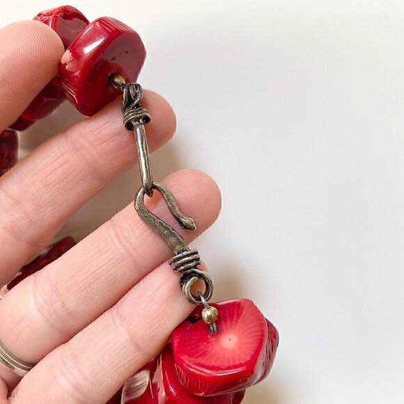 Vintage Chunky Blood Red Coral Sterling Silver Pendant Necklace sz 20" 10.3 oz - Picture 12 of 12